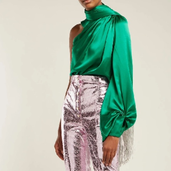 Hillier bartley ONE-SHOULDER DRAPED SILK-SATIN BLOUSE IN GREEN - Picture 1 of 16